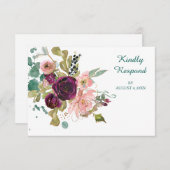 Mariage Turquoise rose Bourgogne Floral RSVP (Devant / Derrière)