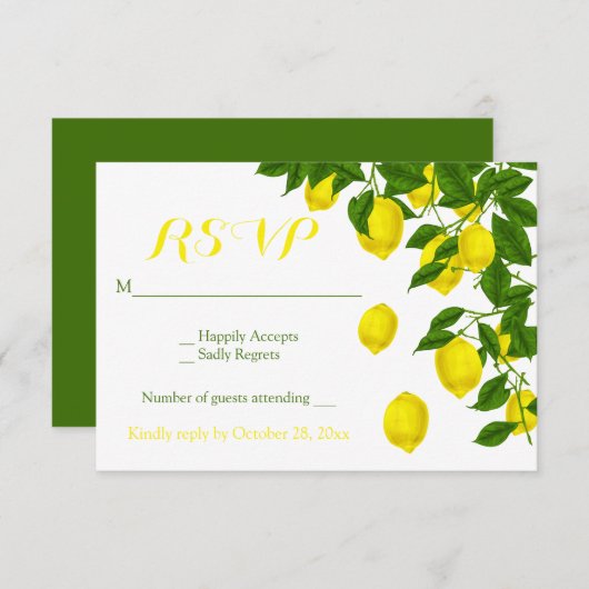 Mariage vert citrons d'aquarelle jaune RSVP (Devant / Derrière)