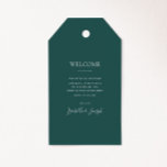 Mariage Vert foncé Bienvenue Tags cadeaux<br><div class="desc">Ces étiquettes de bienvenue mariage vert foncé sont parfaites pour votre mariage moderne minimaliste neutre vert foncé classique. Le design est composé d'une police contemporaine minimale de base et d'une calligraphie de script élégant et délicat. Il est sûr de compléter votre pastel conte de fées automne, été, printemps ou mariage...</div>