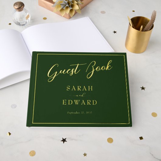 Mariage vert foncé Gold Foil Guestbook (Recto ouvert)