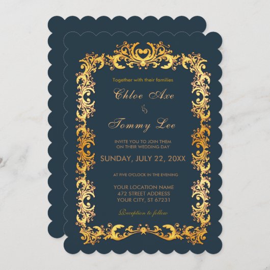 Mariage vert Gold bordure Invitation (Devant / Derrière)