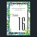 Mariage vert Menu Carte Numéro de table<br><div class="desc">Couleurs vives et joyeuses pour votre Hawaii/destination/plage/été/île tropicale... .thème fiançailles/mariage/anniversaire ! De beaux feuilles tropicaux rafraîchissants peints à la main dans les tons vert et bleu encadrent cette carte de table mariage (ou votre occasion) dans son esprit lumineux et joyeux, avec des polices d'inspiration art déco. Idéal pour un mariage...</div>