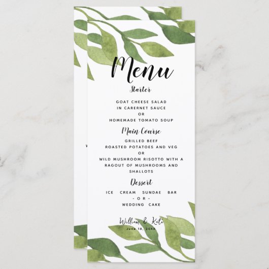 Mariage vert menu feuillage MODÈLE de pays (Devant / Derrière)