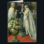 Mariage vintage, Mariée et Salle avec Menorah<br><div class="desc">Illustration vintage image de cérémonie d'amour et de romance mariage montrant un couple se marier dans une belle synagogue avec vitraux,  fleurs et une menorah à sept branches. La mariée porte une longue robe blanche mariage et le marié est beau dans son smoking.</div>
