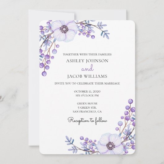 Mariage violet. Fleurs Lilac. Invitation florale (Devant)