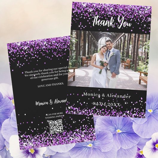 Mariage violet noir photo QR carte de remerciement