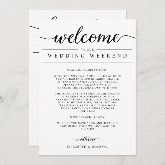 Mariage Week-end Bienvenue et choses à faire Carte (Devant / Derrière)