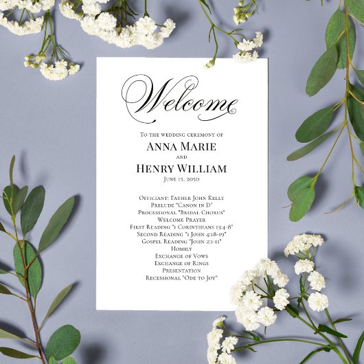Mariage Welcome Programme de script noir et blanc