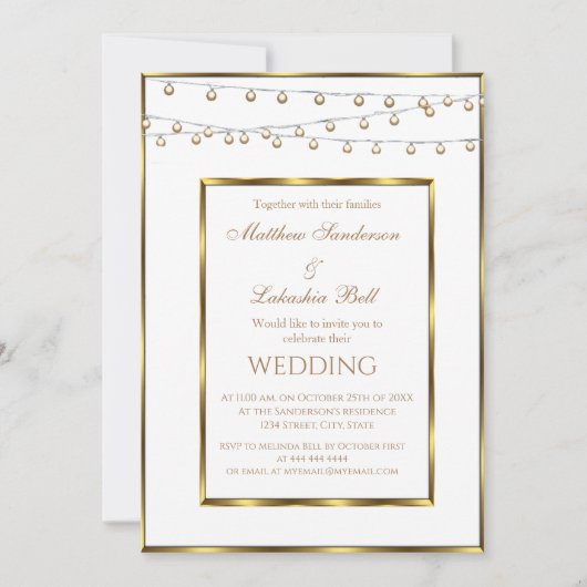 Mariage White Gold Fairy Lights Invitation (Devant)