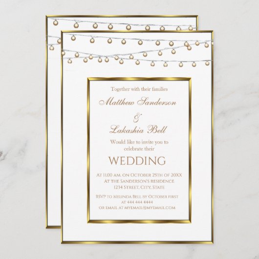 Mariage White Gold Fairy Lights Invitation (Devant / Derrière)