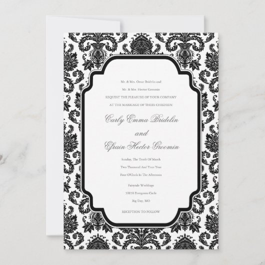 Mariages noirs blancs Damask Customisé Invitation (Devant)