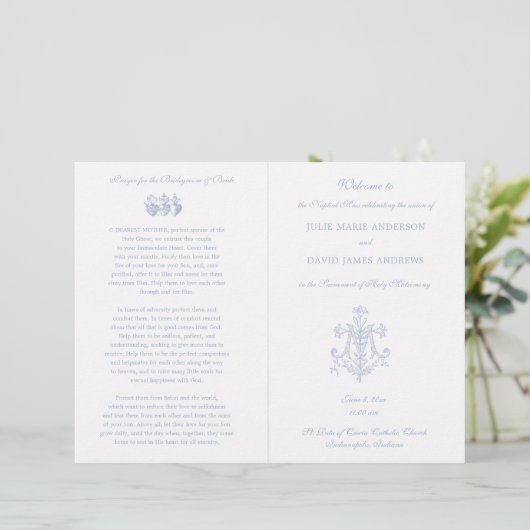 Marian Blue Cross Catholic Wedding Programme (Debout devant)