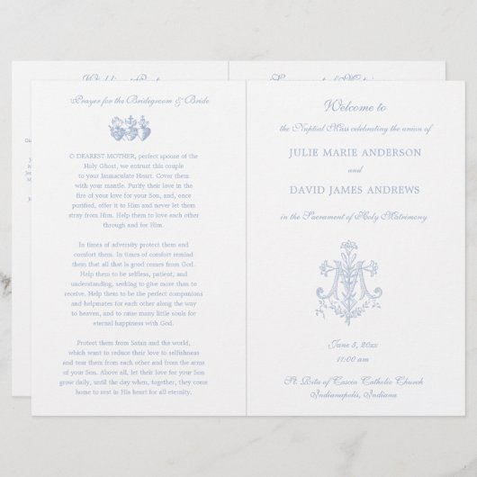Marian Blue Cross Catholic Wedding Programme (Devant / Derrière)