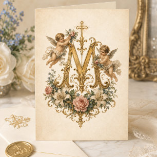 Marian Monogram Cherubs Bloemstuk Katholiek Bedankkaart