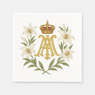 Marian Monogram Gouden Kroon Witte Lelie Katholiek Servet