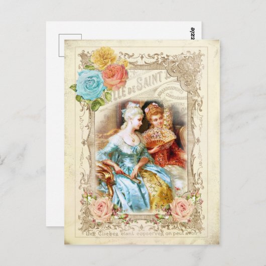 Marie Antoinette, Parijs, blauw, roze rozen rococo Briefkaart (Voorkant / Achterkant)