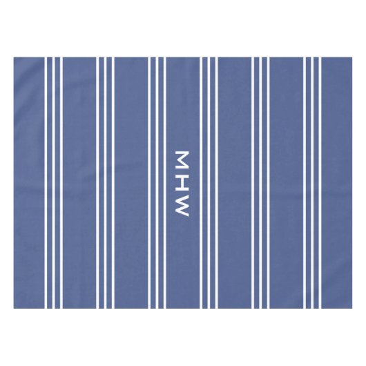Mariene Blauwe Stripes aangepaste monogram tafelkl Tafelkleed (Voorkant (Horizontaal))