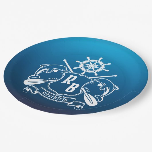 Mariene Insignia Dolphins Helm Oars Shield Nautica Papieren Bordje (Gekanteld)
