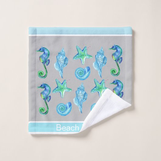 Mariene Nautical Seahorse Custom Blauwgroen Aqua & Bad Handdoek (Wasdoekje)
