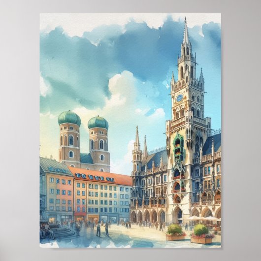 Marienplatz München Duitsland Waterverf Poster (Voorkant)
