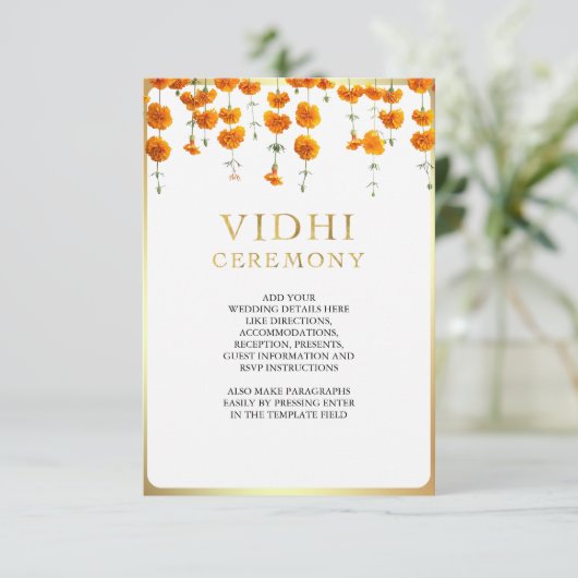 Marigold Floral Zuid-Indiase bruiloft Vidhi Informatiekaartje (Staand voorkant)
