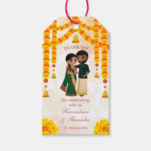 Marigold garlands bells met Tamil Telugu bruiloft Cadeaulabel (Voorkant)