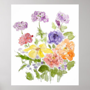 Marigold Verbena en Petunia Inkt en waterverf Poster
