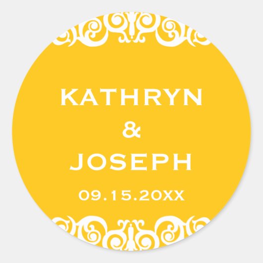 Marigold Victoriaans scroll bruiloft gunstiklabel Ronde Sticker (Voorkant)