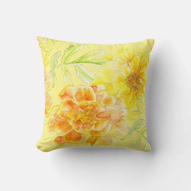 Marigolds aquarelle art fleuri jaune coussin (Recto)