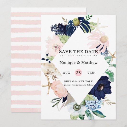 Marina Nautical Blooms Navy Blush Save the Date Kaart (Voorkant / Achterkant)
