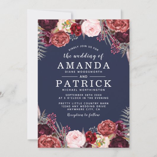 Marine Automne Marsala Blush Peony Invitations de (Devant)