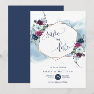 Marine, Berry, Bourgondië en Blue Floral bruiloft Save The Date