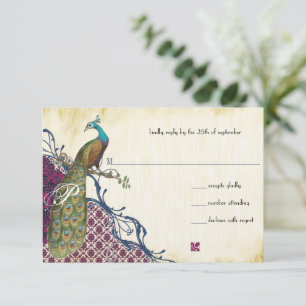 Marine & Bessie Bessie Elegante Damast Pauw Huweli RSVP Kaartje