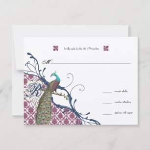 Marine & Bessie Bessie Elegante Damast Pauw Huweli RSVP Kaartje