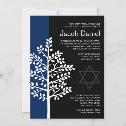Marine Black Tree of Life Bar Mitzvah Invitations (Devant)