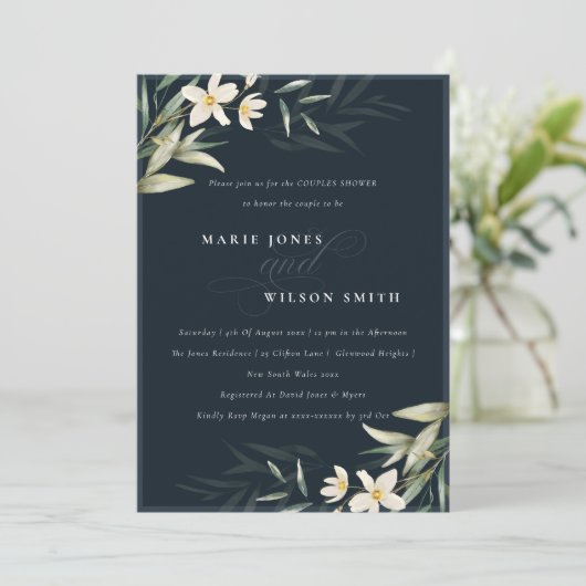 Marine Blanc Vert Floral Couples Invitation douche (Debout devant)
