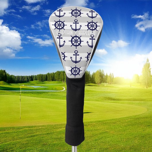 Marine Blauw Anker Bootwiel Wit Gestreept Nautisch Golfheadcover