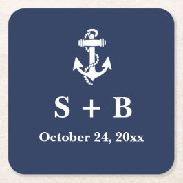 Marine Blauw Anker Nautisch Strand Oceaan Bruiloft Vierkante Kartonnen Onderzetter