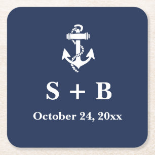 Marine Blauw Anker Nautisch Strand Oceaan Bruiloft Vierkante Kartonnen Onderzetter