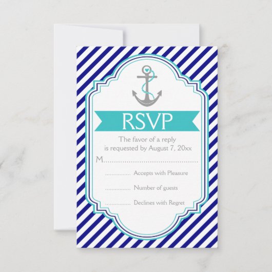 Marine blauw, aqua anker nautische bruiloft RSVP (Voorkant)