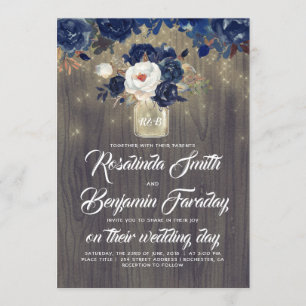 Marine Blauw Bloemen Mason Jar Rustieke Bruiloft Kaart