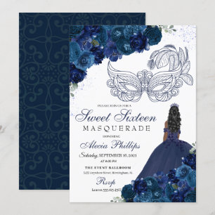 Marine Blauw Bloemen Masquerade Zoet 16 Kaart
