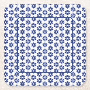 Marine Blauw Bloemen Mozaïek Vierkante Kartonnen Onderzetter