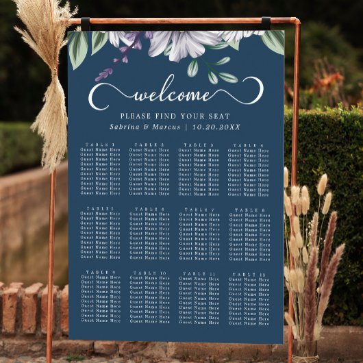 Marine Blauw Bloemen Script Bruiloft Zitkaarten Poster