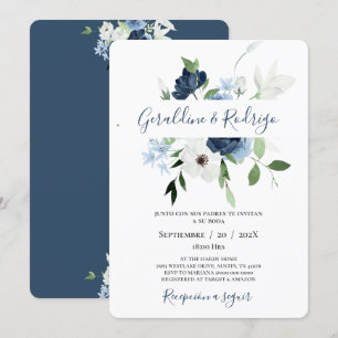Marine Blauw Bloemen Spaans Bruiloft Kaart