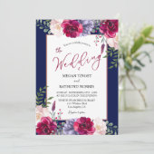 Marine Blauw Blush & Bourgondië Pioen Bloemen Brui Kaart (Staand voorkant)