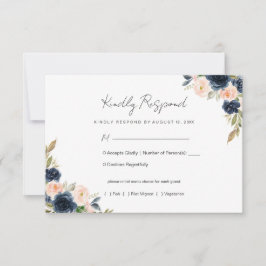 Marine Blauw & Blush Roze Bloemen Bruiloft RSVP
