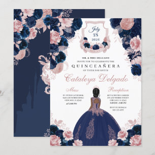 Marine Blauw & Blush Roze Bloemen Elegant Quinceañ Kaart
