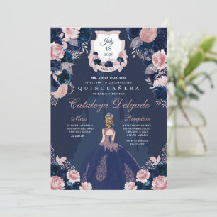 Marine Blauw & Blush Roze Prinses Kasteel Quinceañ Kaart
