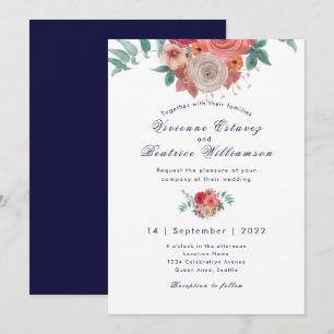 Marine blauw boho rode rozen bruiloft uitnodiging